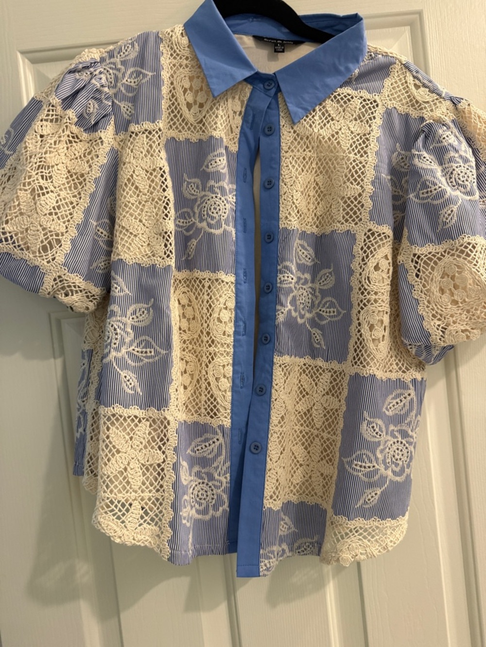Blue & Cream Lace Patchwork Button-Front Blouse